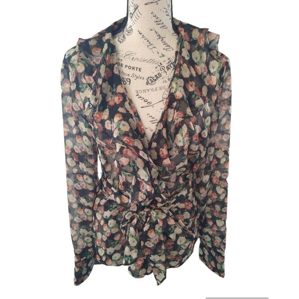Lauren Ralph Lauren Black Floral Ruffle Wrap Blouse